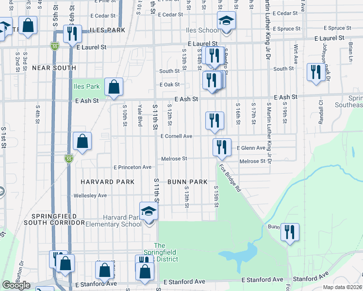 map of restaurants, bars, coffee shops, grocery stores, and more near 2312 South 13th Street in Springfield