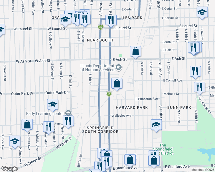 map of restaurants, bars, coffee shops, grocery stores, and more near 524 Broad Place in Springfield