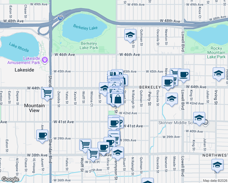 map of restaurants, bars, coffee shops, grocery stores, and more near 4383 Tennyson Street in Denver