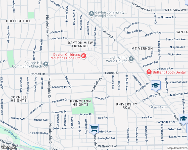 map of restaurants, bars, coffee shops, grocery stores, and more near 1440 Cornell Drive in Dayton