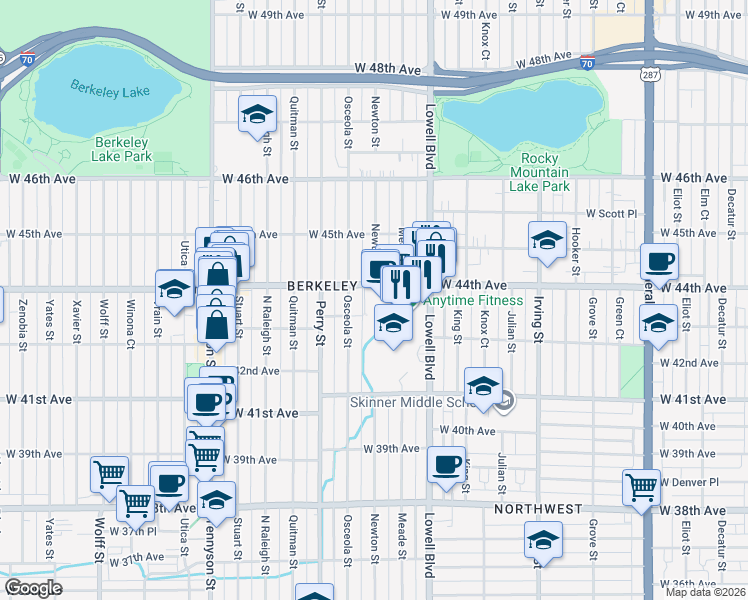map of restaurants, bars, coffee shops, grocery stores, and more near 4298 Osceola Street in Denver