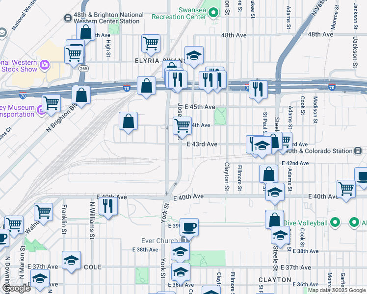 map of restaurants, bars, coffee shops, grocery stores, and more near 4216 Josephine Street in Denver
