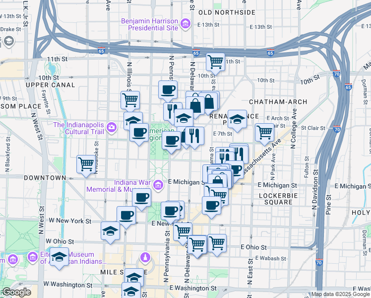 map of restaurants, bars, coffee shops, grocery stores, and more near 643 Fort Wayne Avenue in Indianapolis