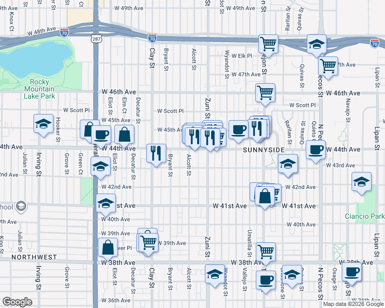 map of restaurants, bars, coffee shops, grocery stores, and more near 4420 Alcott Street in Denver