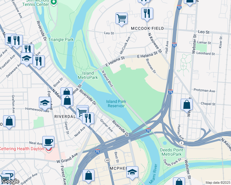 map of restaurants, bars, coffee shops, grocery stores, and more near Great Miami River Recreational Trail in Dayton