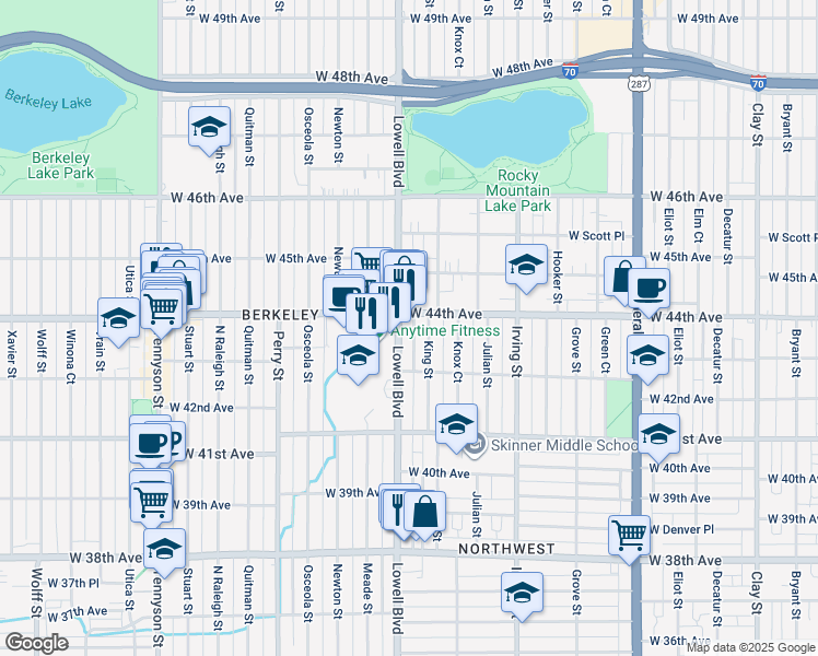 map of restaurants, bars, coffee shops, grocery stores, and more near 4408 Lowell Boulevard in Denver