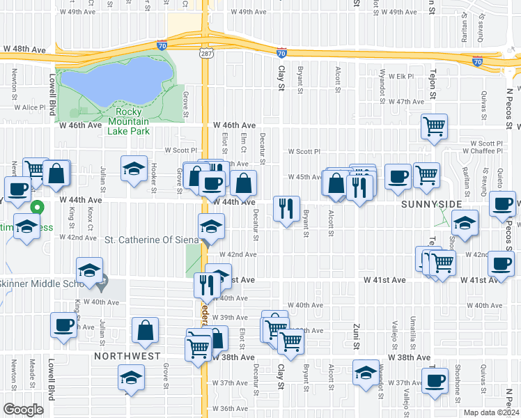 map of restaurants, bars, coffee shops, grocery stores, and more near 4430 Elm Court in Denver