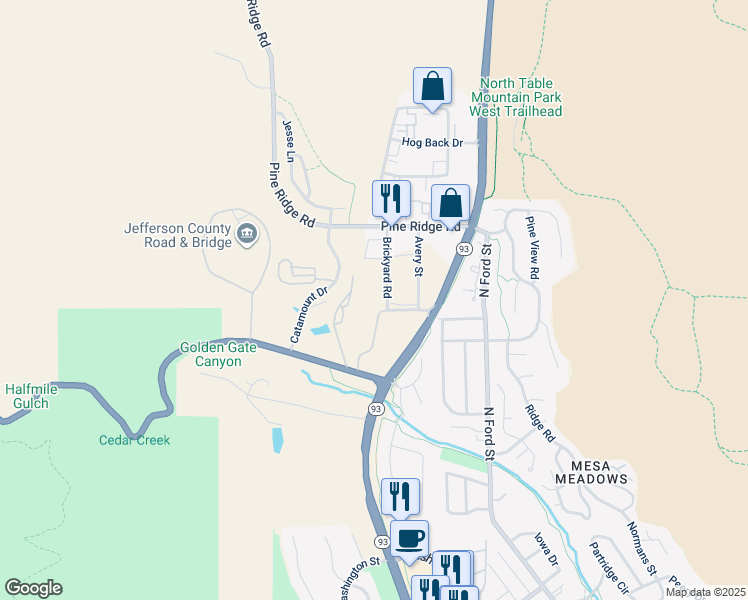 map of restaurants, bars, coffee shops, grocery stores, and more near 1213 Brickyard Road in Golden