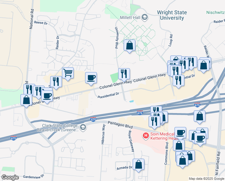 map of restaurants, bars, coffee shops, grocery stores, and more near in Fairborn