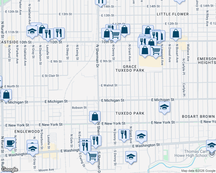 map of restaurants, bars, coffee shops, grocery stores, and more near 720 North Bradley Avenue in Indianapolis
