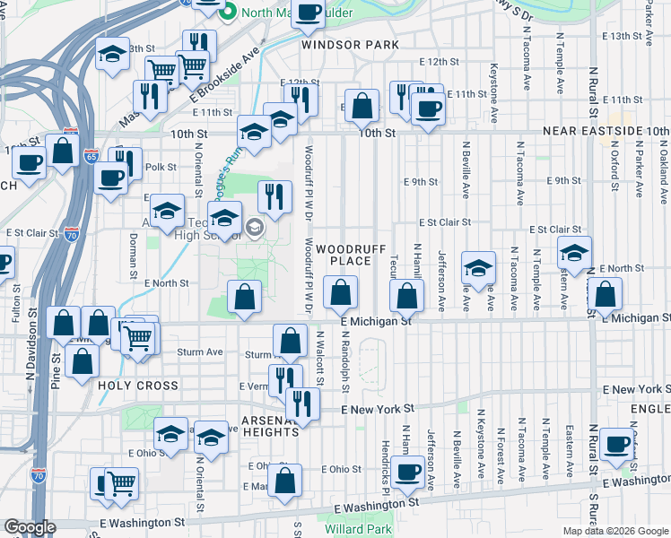 map of restaurants, bars, coffee shops, grocery stores, and more near 696 Woodruff Place Middle Drive in Indianapolis