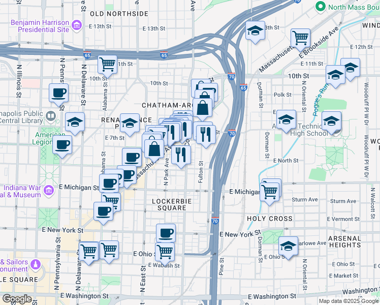 map of restaurants, bars, coffee shops, grocery stores, and more near 705 North College Avenue in Indianapolis