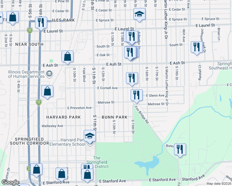 map of restaurants, bars, coffee shops, grocery stores, and more near 1201-1299 E Cornell Ave in Springfield