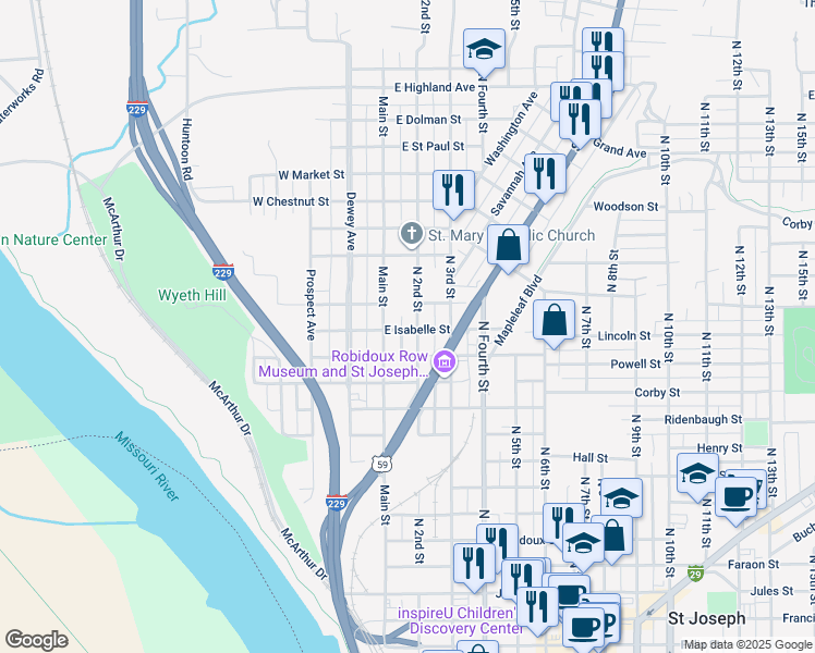map of restaurants, bars, coffee shops, grocery stores, and more near 1322 North 2nd Street in Saint Joseph