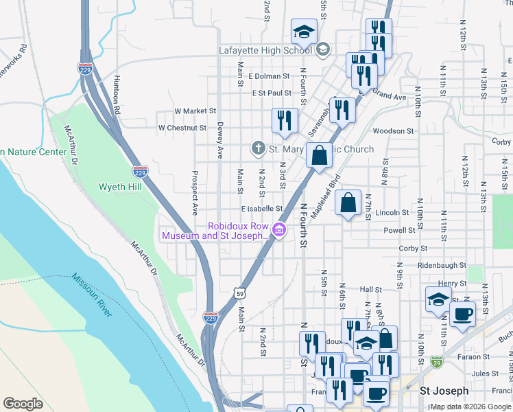 map of restaurants, bars, coffee shops, grocery stores, and more near 1322 North 2nd Street in Saint Joseph