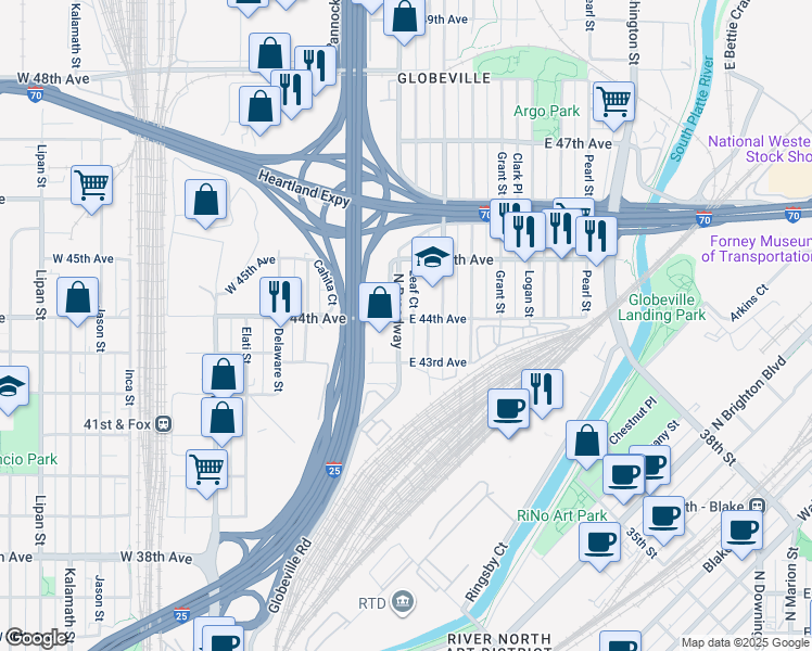 map of restaurants, bars, coffee shops, grocery stores, and more near 4401 Broadway in Denver