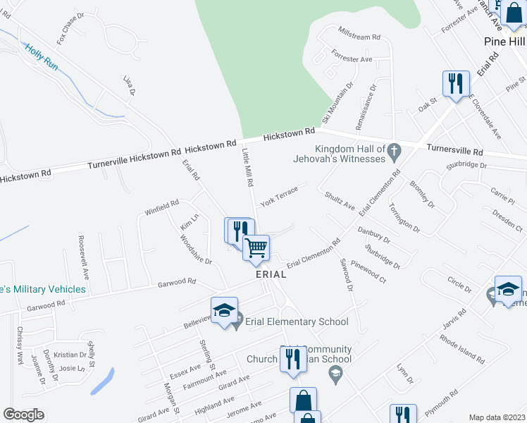 map of restaurants, bars, coffee shops, grocery stores, and more near 4 York Terrace in Sicklerville