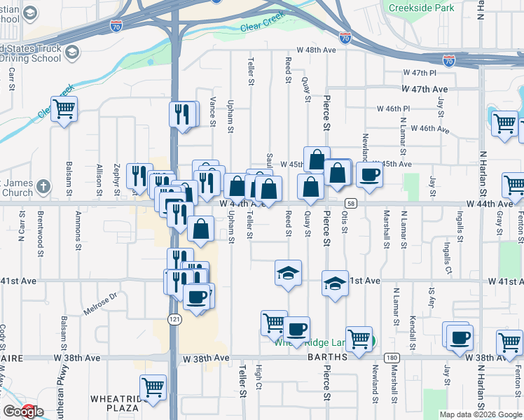 map of restaurants, bars, coffee shops, grocery stores, and more near 7125 West 44th Avenue in Wheat Ridge