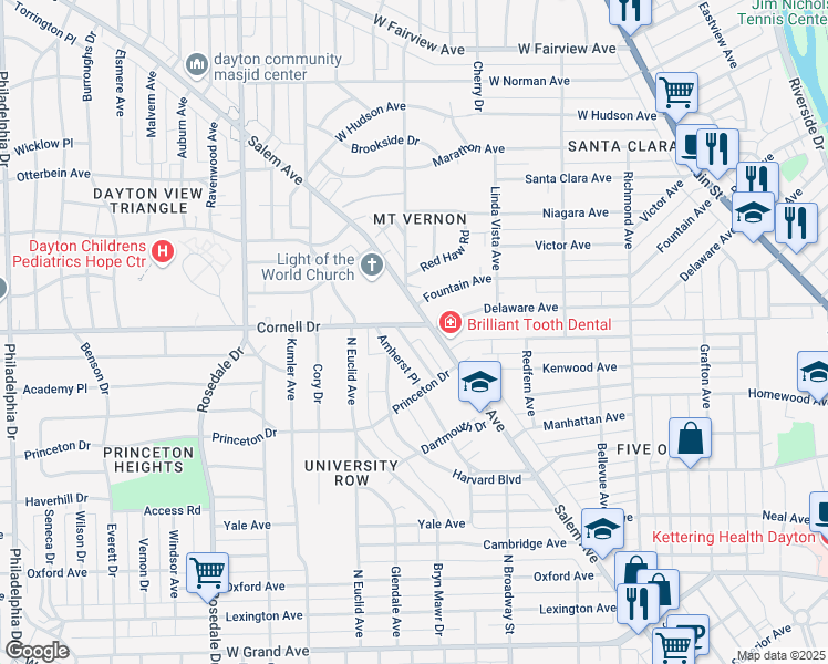 map of restaurants, bars, coffee shops, grocery stores, and more near 816 Cornell Drive in Dayton