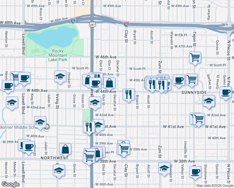 map of restaurants, bars, coffee shops, grocery stores, and more near 4430 Elm Court in Denver