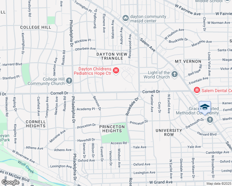 map of restaurants, bars, coffee shops, grocery stores, and more near 1401 Cornell Drive in Dayton