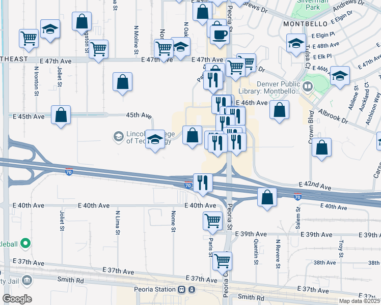 map of restaurants, bars, coffee shops, grocery stores, and more near 12000 East 45th Avenue in Denver