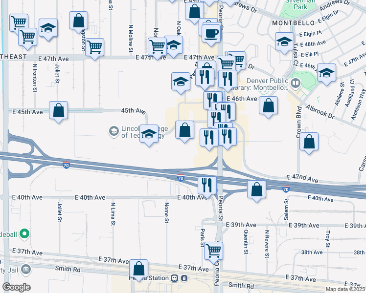 map of restaurants, bars, coffee shops, grocery stores, and more near 12000 East 45th Avenue in Denver
