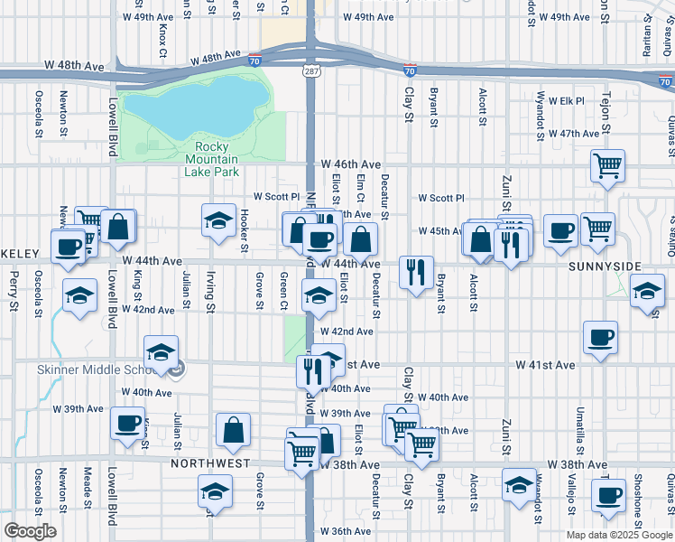 map of restaurants, bars, coffee shops, grocery stores, and more near 2895 West 44th Avenue in Denver