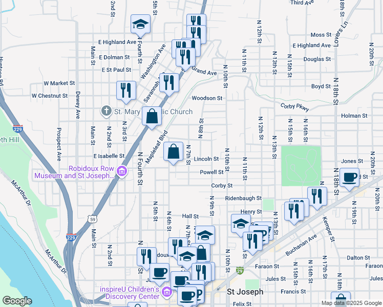map of restaurants, bars, coffee shops, grocery stores, and more near 1213 North 7th Street in Saint Joseph