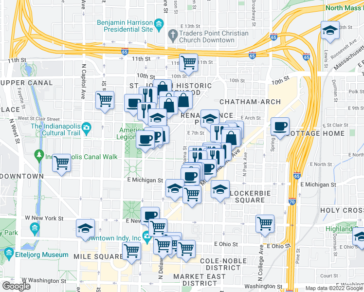 map of restaurants, bars, coffee shops, grocery stores, and more near 700 North Alabama Street in Indianapolis