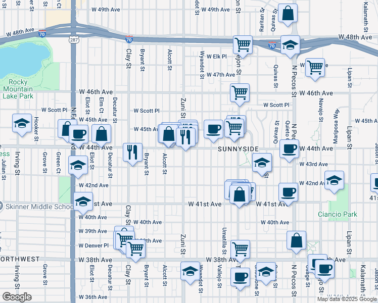map of restaurants, bars, coffee shops, grocery stores, and more near 4423 Wyandot Street in Denver