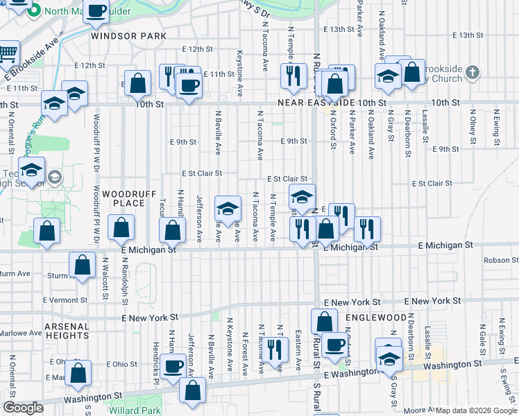map of restaurants, bars, coffee shops, grocery stores, and more near 632 North Temple Avenue in Indianapolis