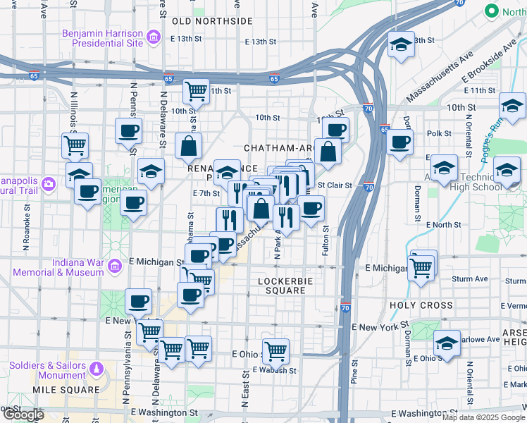 map of restaurants, bars, coffee shops, grocery stores, and more near 721 North East Street in Indianapolis