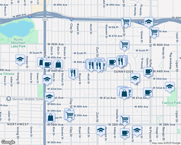 map of restaurants, bars, coffee shops, grocery stores, and more near 4420 Alcott Street in Denver