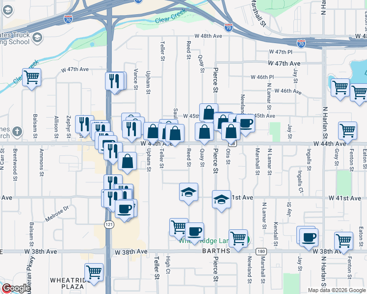 map of restaurants, bars, coffee shops, grocery stores, and more near 7005 West 44th Avenue in Wheat Ridge