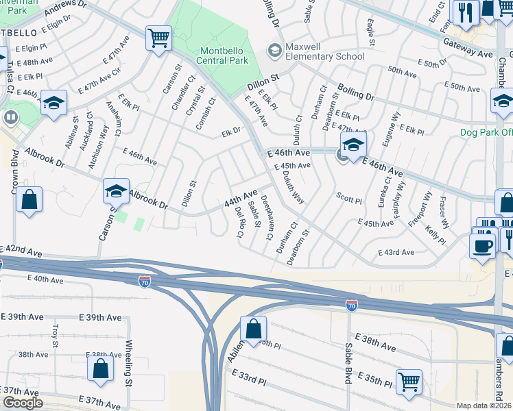 map of restaurants, bars, coffee shops, grocery stores, and more near 4392 Deephaven Court in Denver