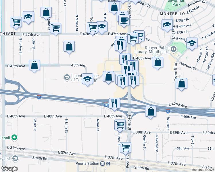 map of restaurants, bars, coffee shops, grocery stores, and more near 12000 East 45th Avenue in Denver