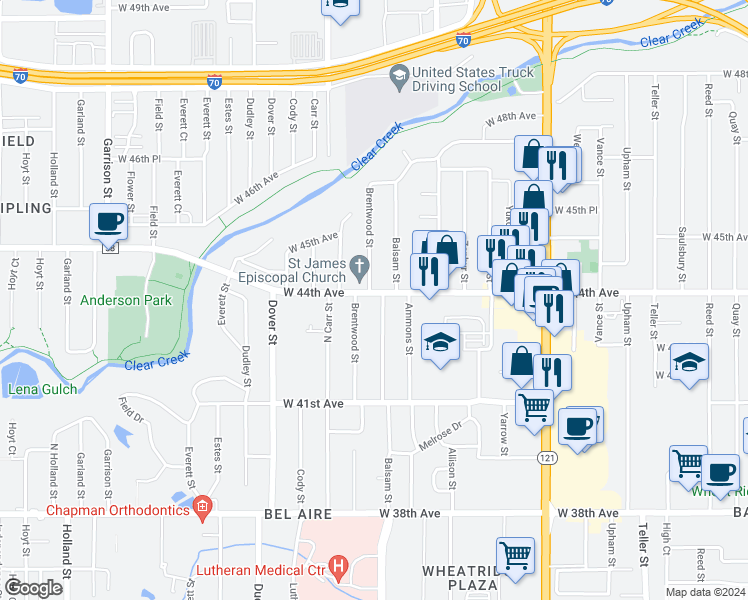 map of restaurants, bars, coffee shops, grocery stores, and more near 8151 West 44th Avenue in Wheat Ridge