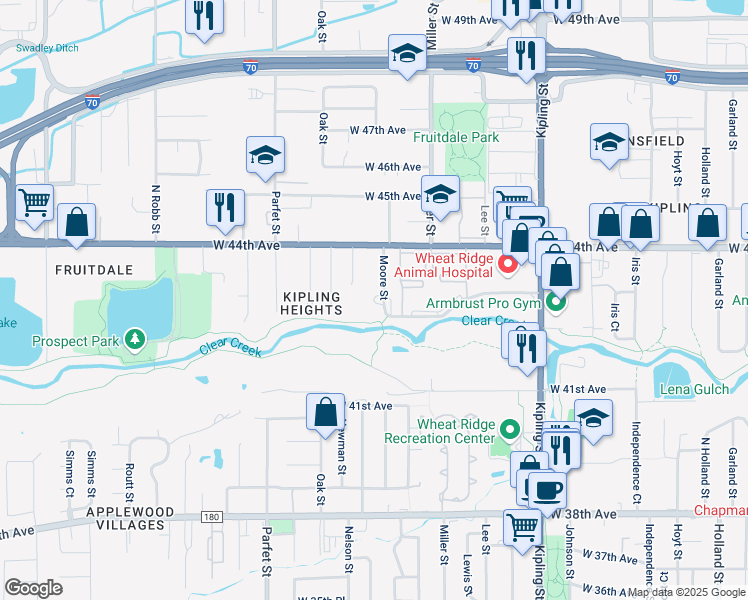 map of restaurants, bars, coffee shops, grocery stores, and more near 4321 Moore Street in Wheat Ridge