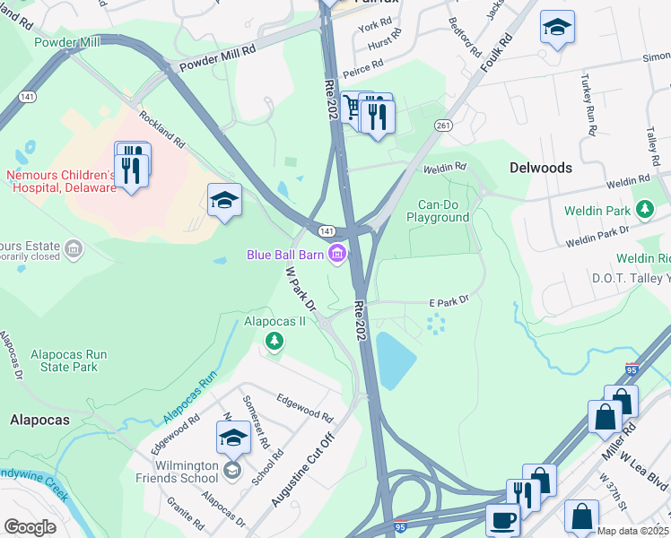 map of restaurants, bars, coffee shops, grocery stores, and more near 1857 Powder Mill Road in Wilmington