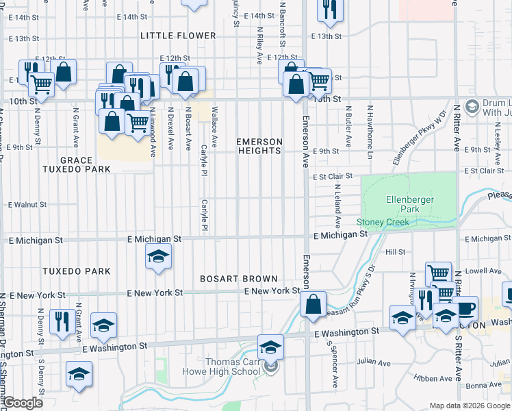 map of restaurants, bars, coffee shops, grocery stores, and more near 702 North Riley Avenue in Indianapolis