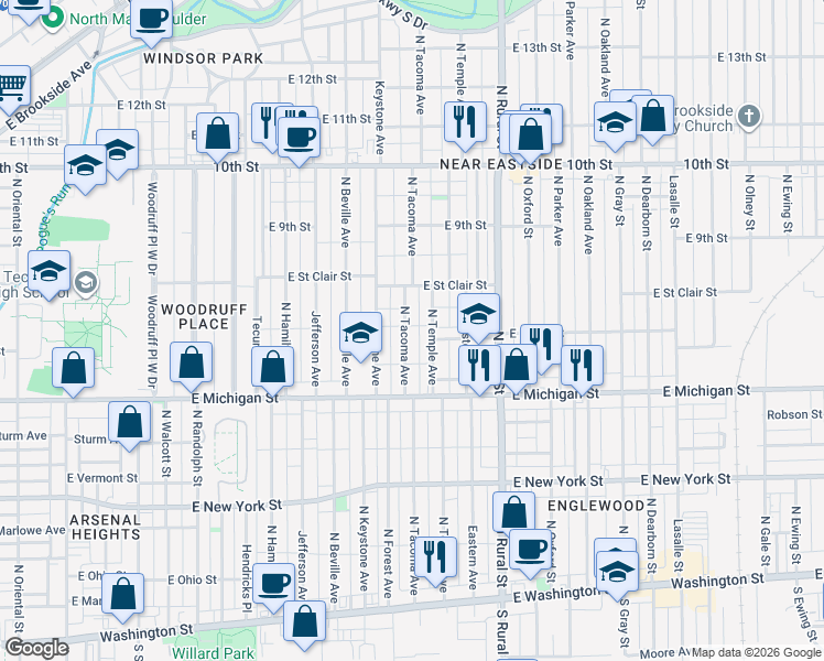 map of restaurants, bars, coffee shops, grocery stores, and more near 632 North Temple Avenue in Indianapolis