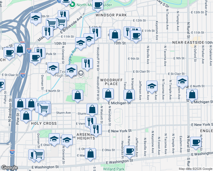 map of restaurants, bars, coffee shops, grocery stores, and more near 696 Woodruff Place Middle Drive in Indianapolis