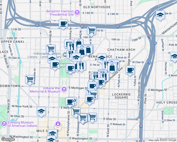 map of restaurants, bars, coffee shops, grocery stores, and more near 700 Alabama Street in Indianapolis