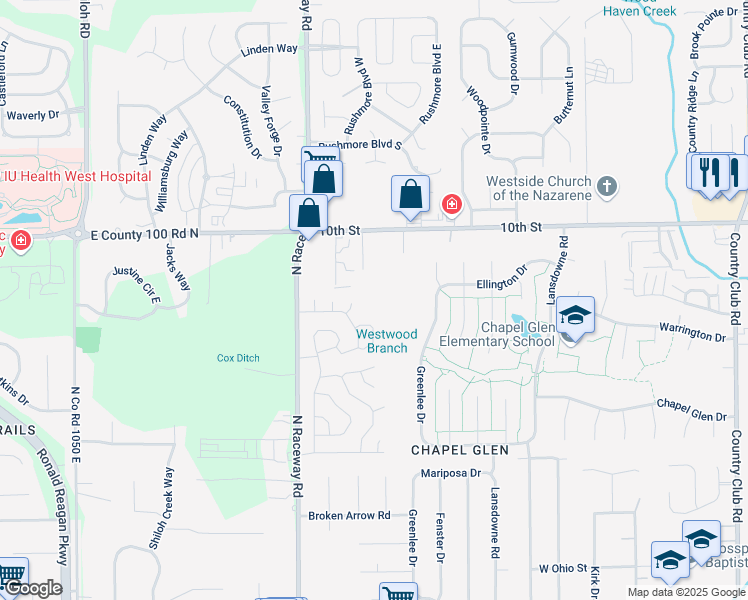 map of restaurants, bars, coffee shops, grocery stores, and more near 833 Winding Brook East Drive in Indianapolis