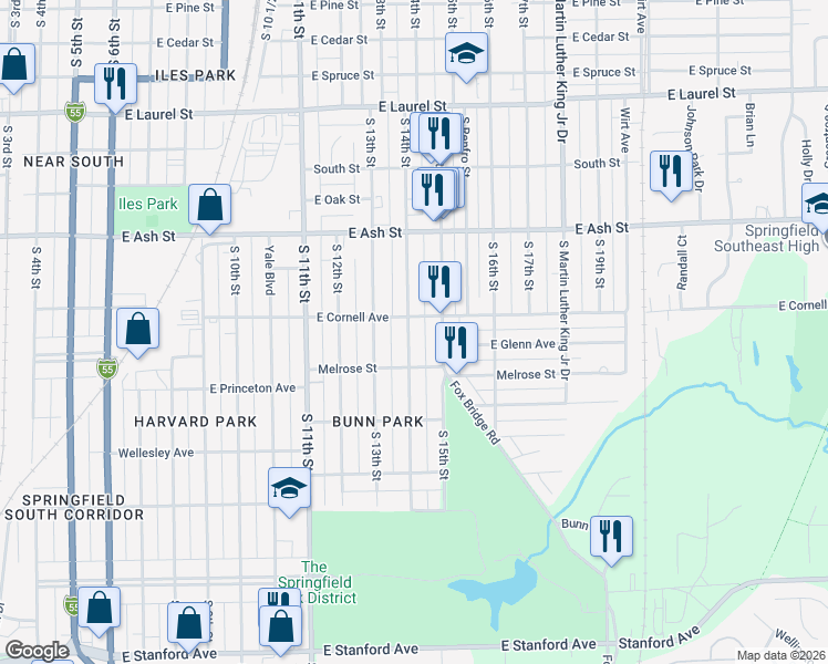 map of restaurants, bars, coffee shops, grocery stores, and more near 2173 South 14th Street in Springfield