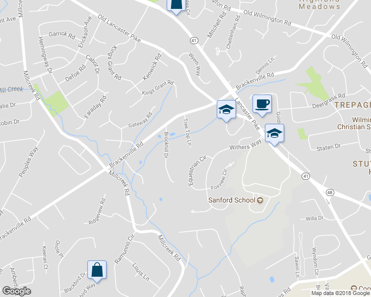 map of restaurants, bars, coffee shops, grocery stores, and more near 230 Tree Top Lane in Hockessin