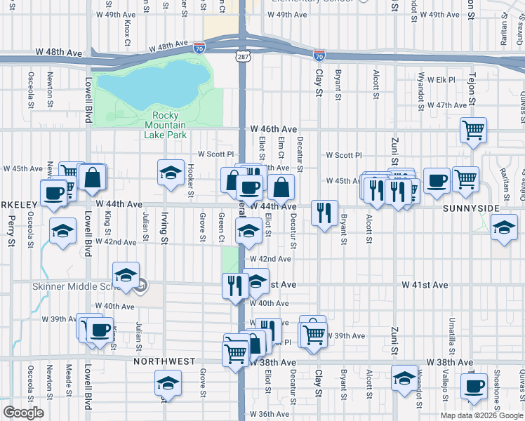 map of restaurants, bars, coffee shops, grocery stores, and more near 2900 West 44th Avenue in Denver