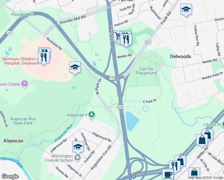 map of restaurants, bars, coffee shops, grocery stores, and more near 1914 West Park Drive in Wilmington