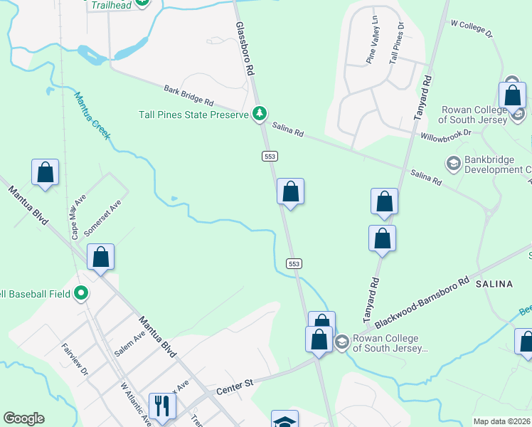 map of restaurants, bars, coffee shops, grocery stores, and more near 1755 Glassboro Road in Deptford